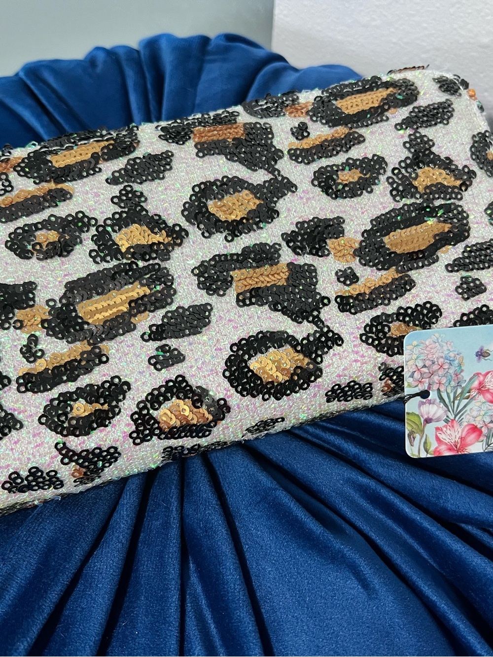 Sequin Leopard Print Clutch — Black & Gold Spots on Iridescent Base